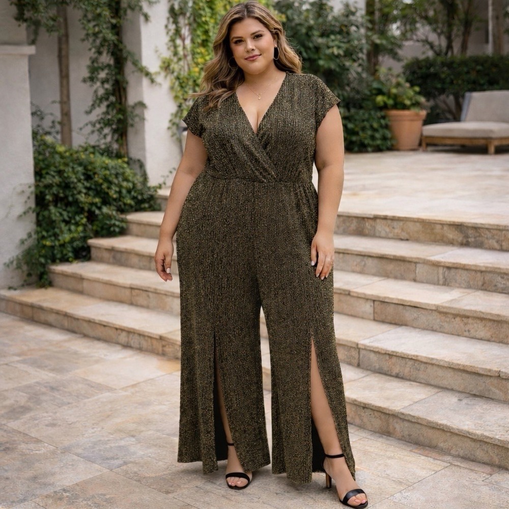 Story‎ Teller Plus Size 4X Wide Leg Jumpsuit Gold Metallic Faux Wrap V-Neck